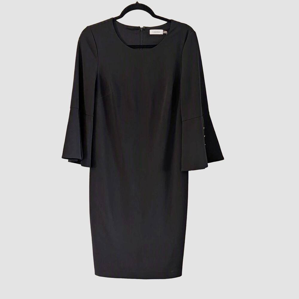 Calvin Klein Black Bell Sleeve Sheath Dress Size 6 Button Detail Lined